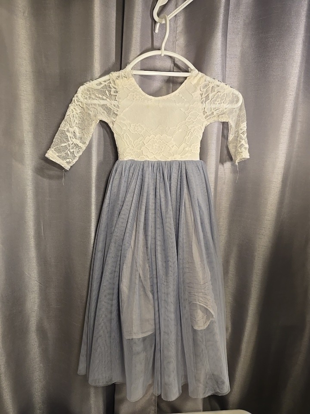 Girls Ivory Lace & Light Blue Tulle Formal Dress